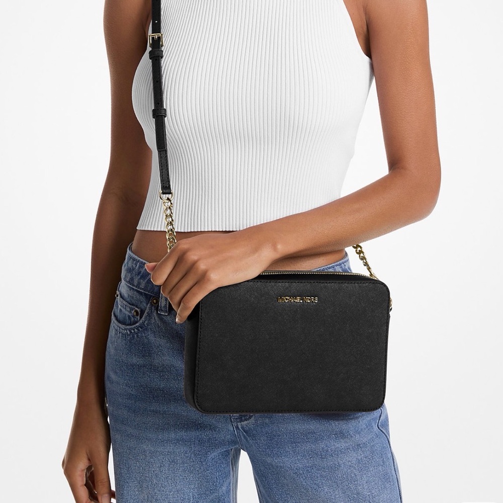 Michael Kors Jet Set Large Saffiano Leather Crossbody Bag Black - Picture 2 of 5